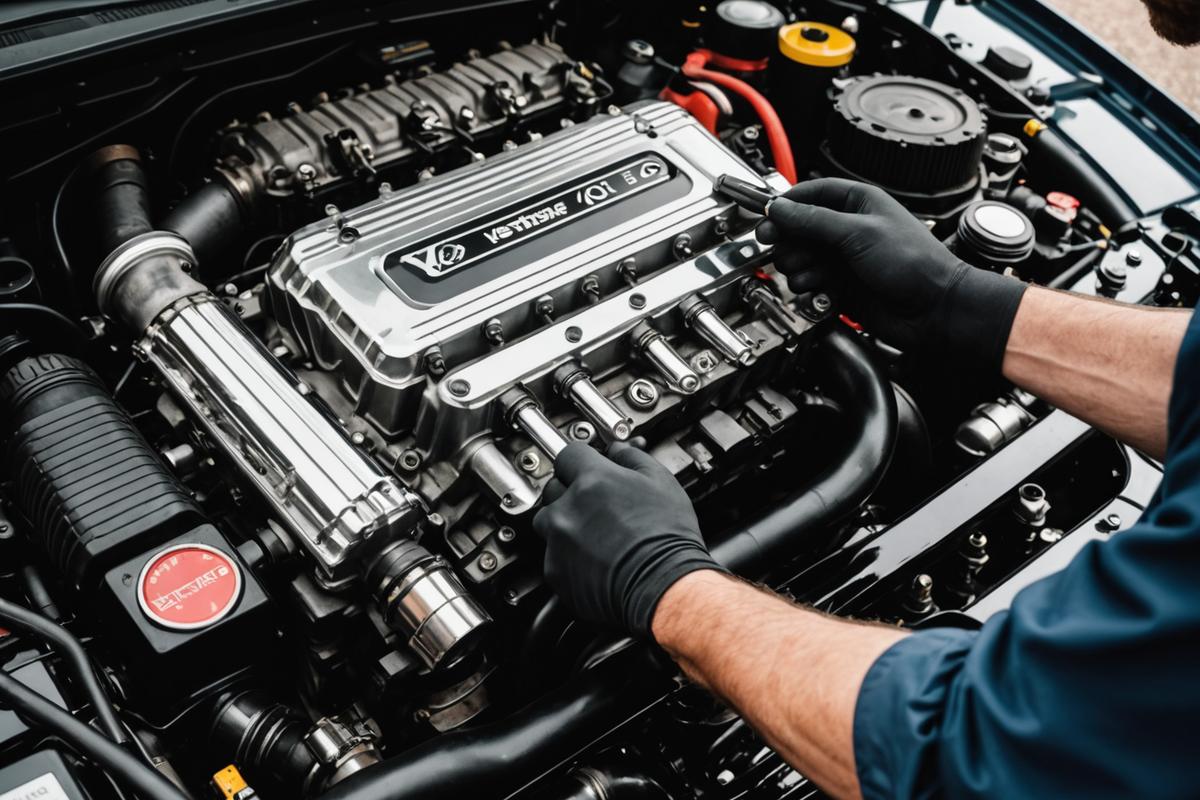 Master technician torquing a fastener inside a luxury V8 engine bay