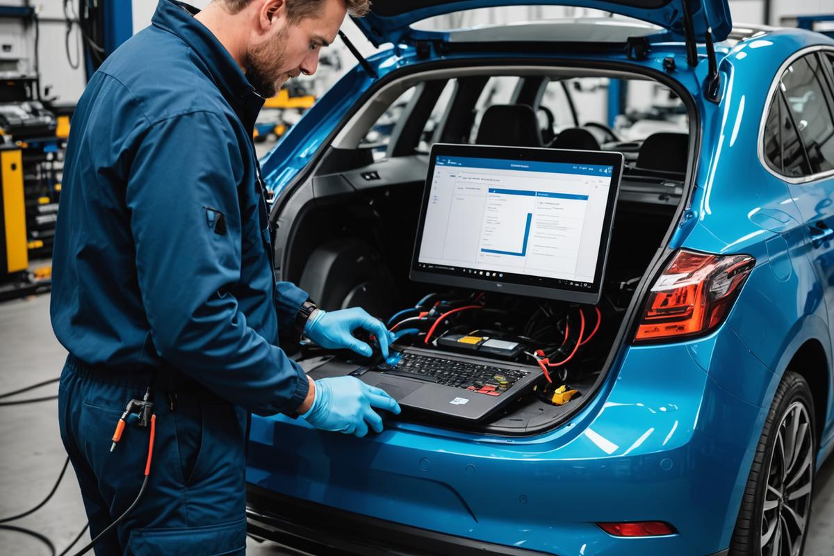 Hybrid car connected to high-voltage diagnostic equipment
