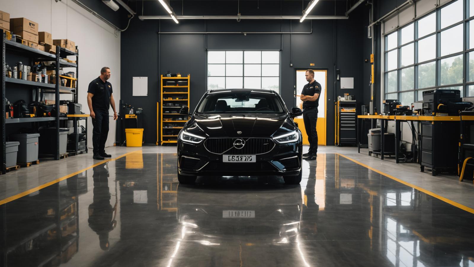 Black luxury sedan inside the Wispara service bay under directional bay lighting