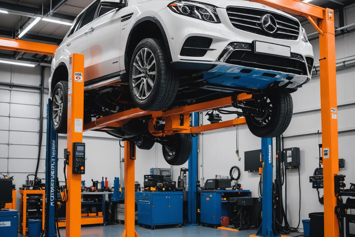 Vehicle on a four-post lift during a pre-purchase inspection