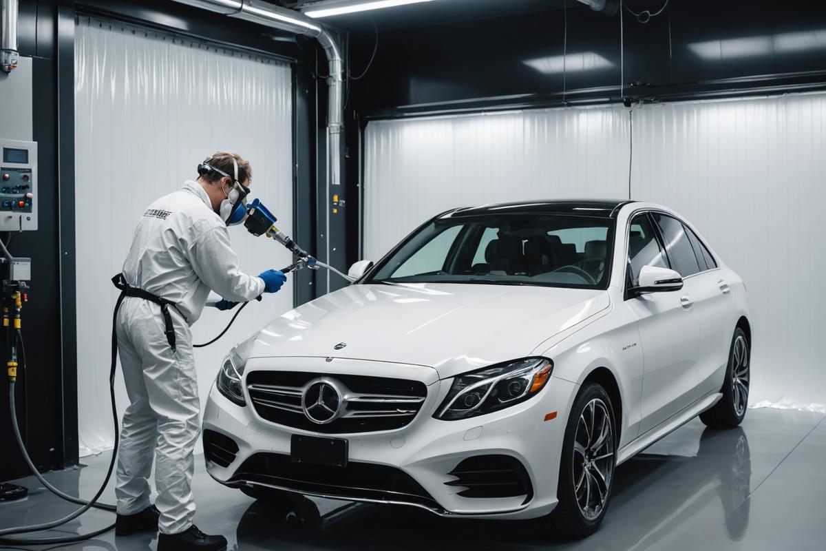 Technician applying clear coat inside a downdraft paint booth